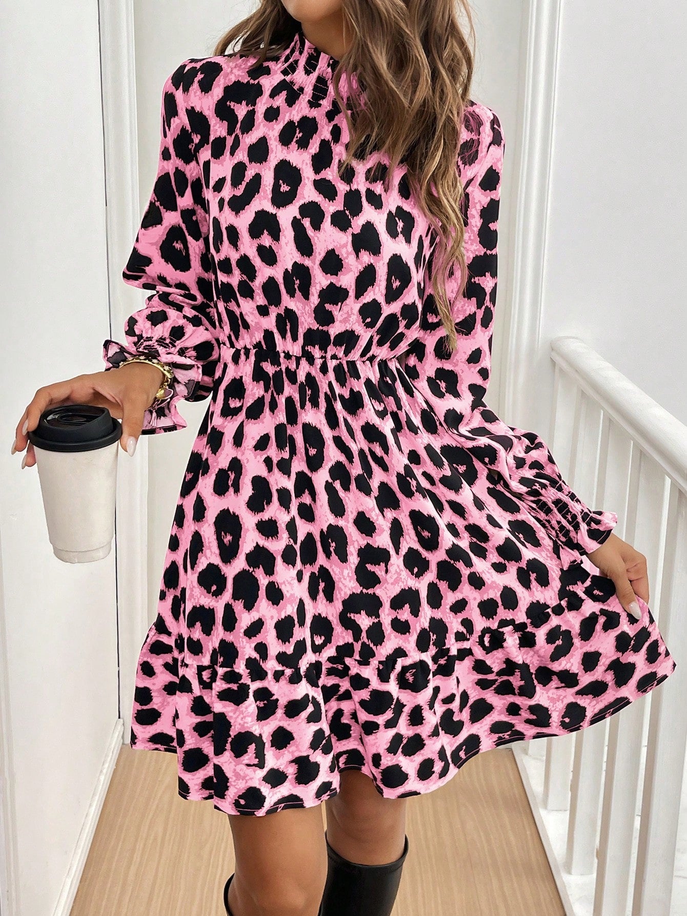 Dames Casual Mini Jurk Met Opstaande Kraag Lange Mouwen Herfst