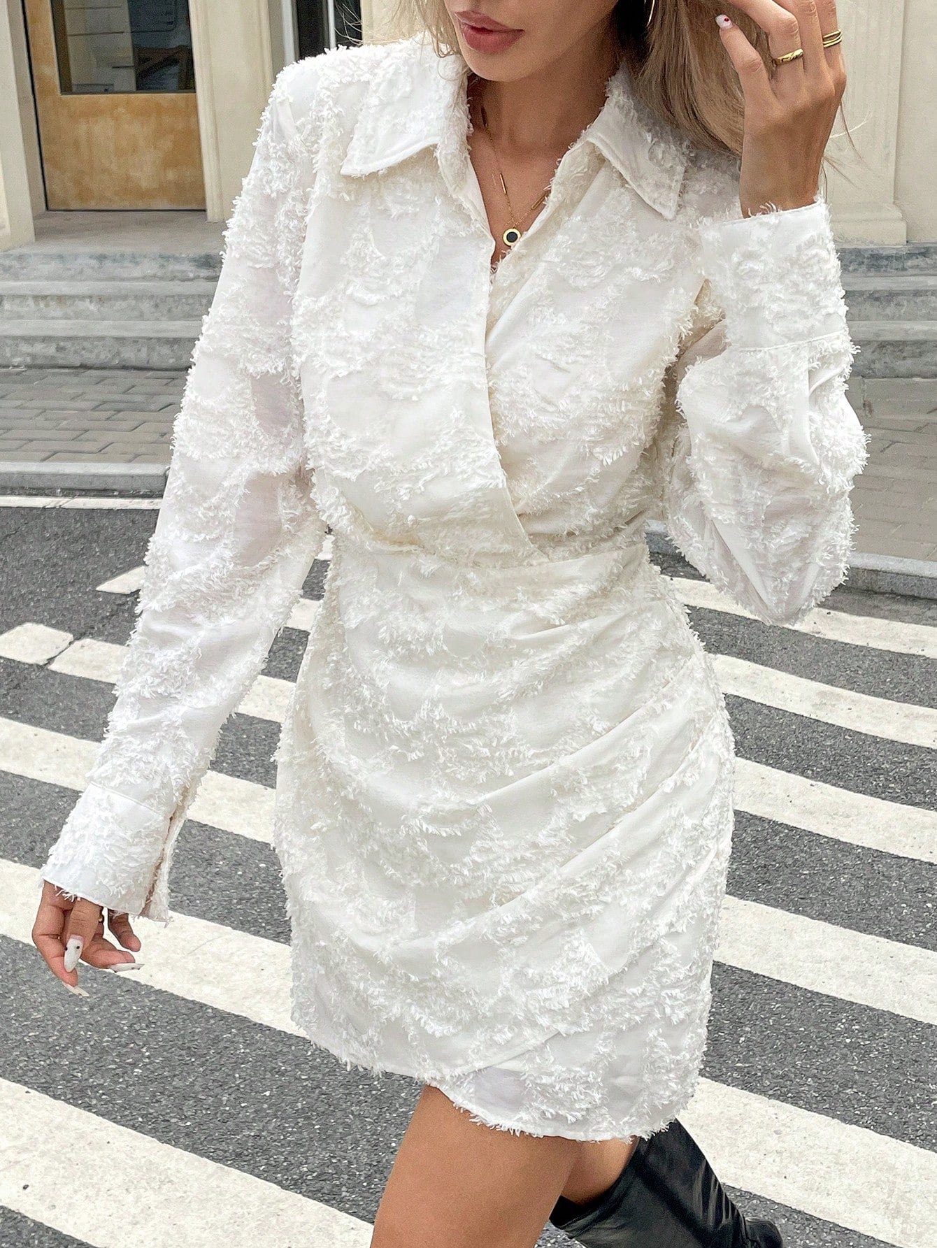 Elegante Dames Herfstjurk Met Lange Mouwen En Geplooide Kraag Wikkelstijl Geschikt Voor Feest En Dagelijks Gebruik