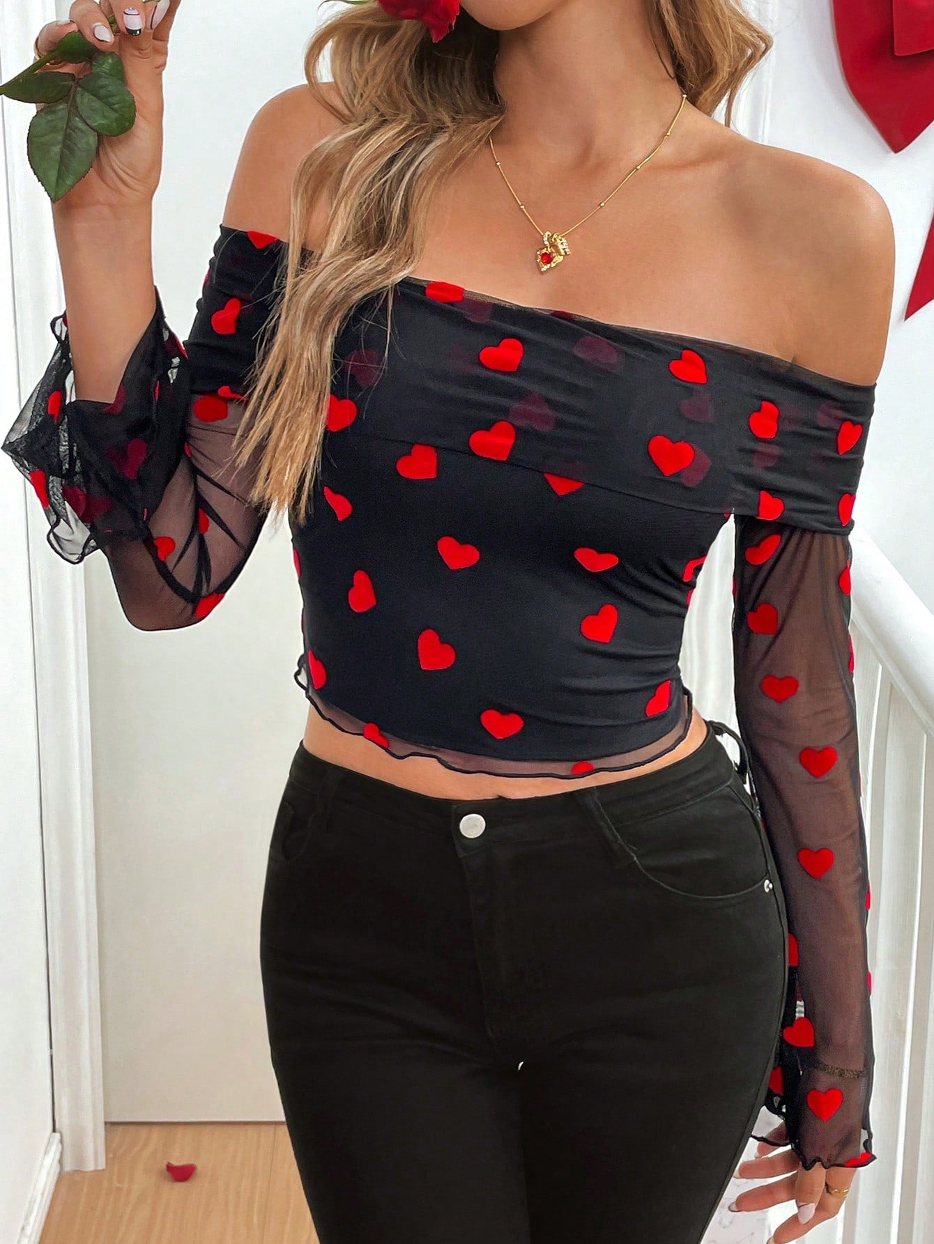 Vrouwen Transparante Off Shoulder Ruffled Lange Mouw Top Valentijn Vakantie