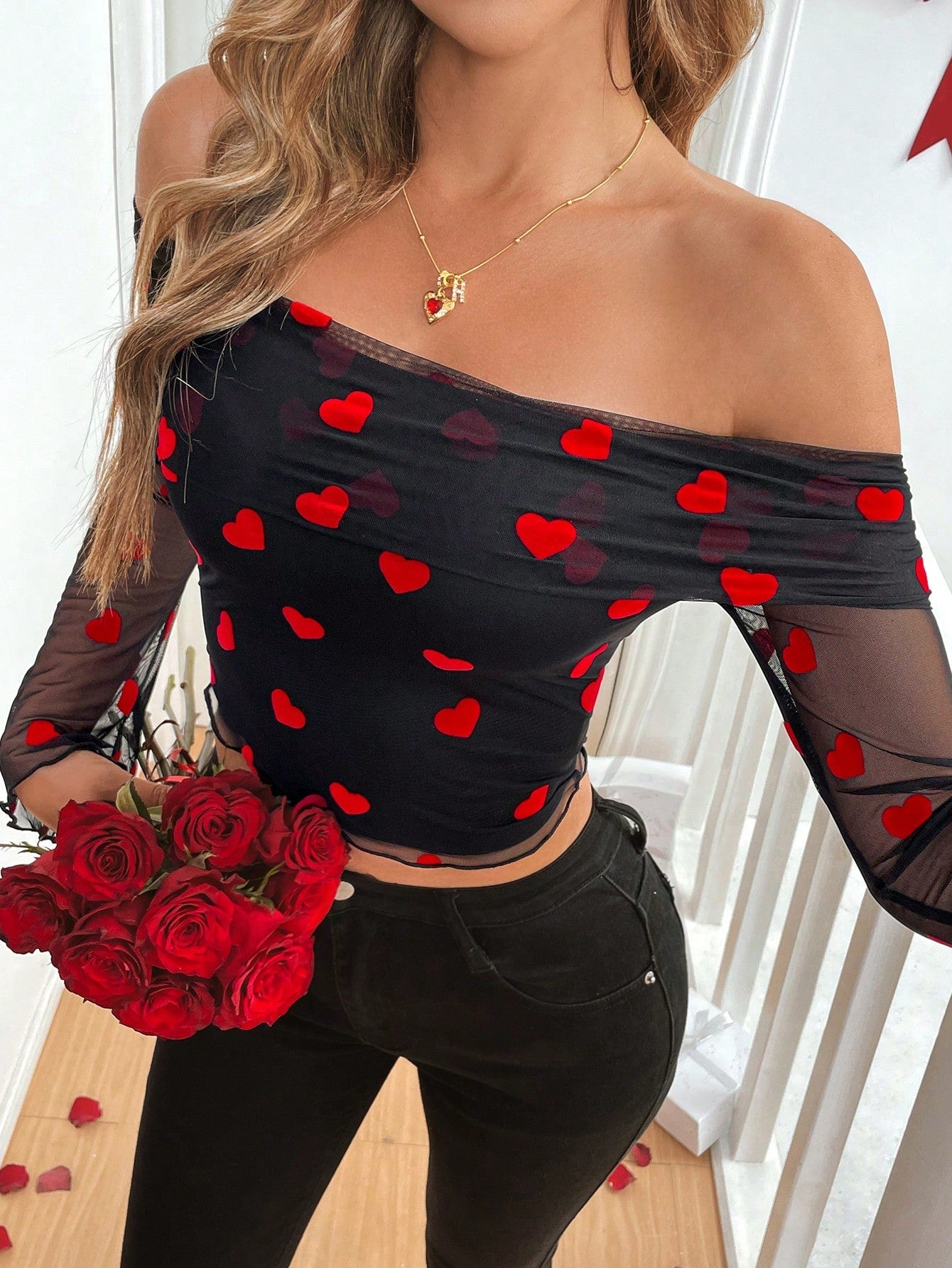 Vrouwen Transparante Off Shoulder Ruffled Lange Mouw Top Valentijn Vakantie